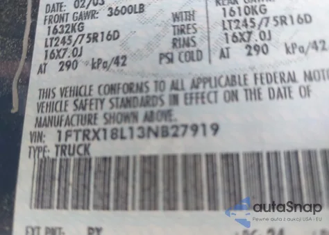 2003 Ford F-150 Lariat/Xl/Xlt z USA, uszkodzony, nr VIN 1FTRX18L13NB27919